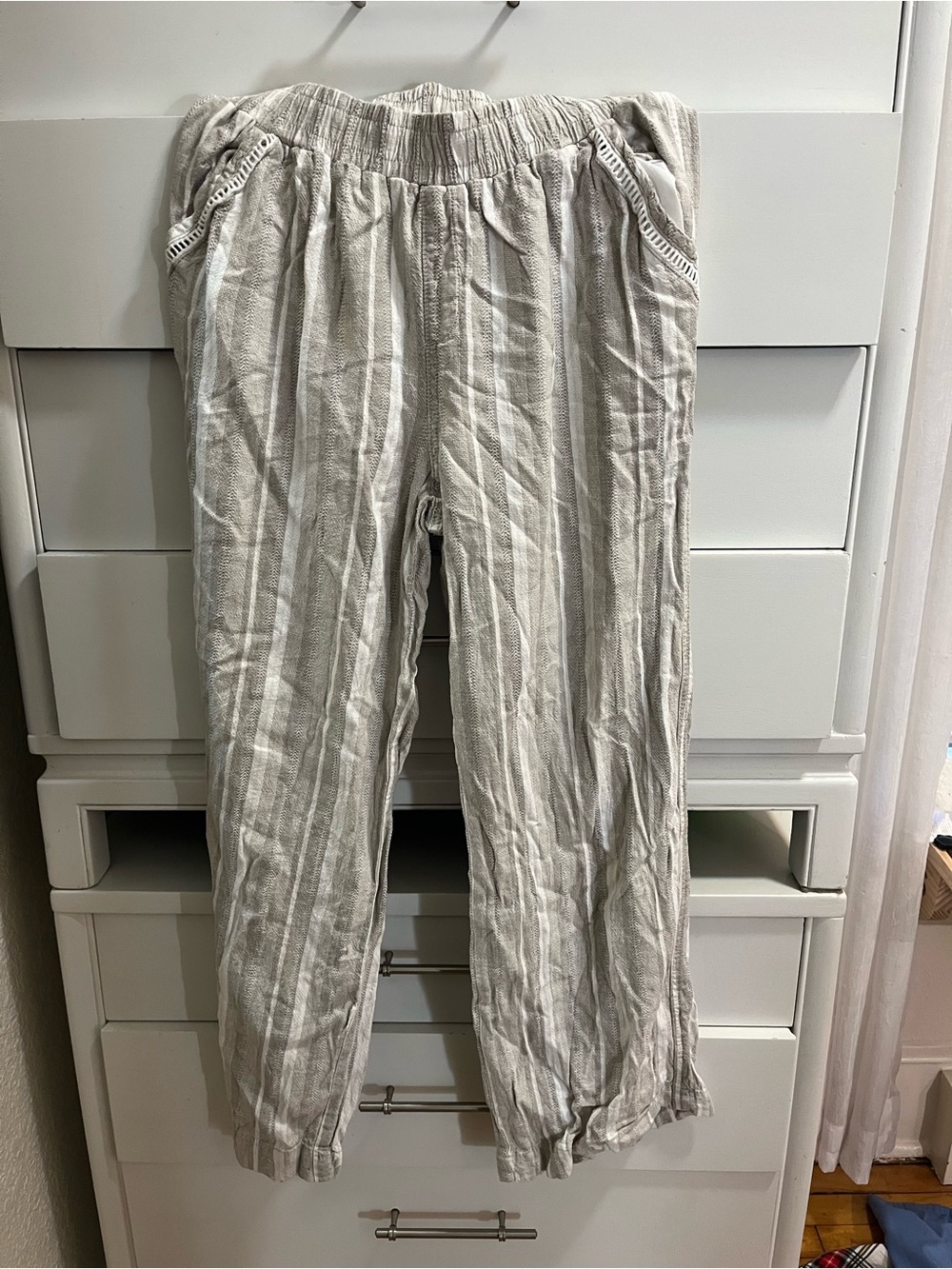 Light Beige Striped women Linen-Blend Pants